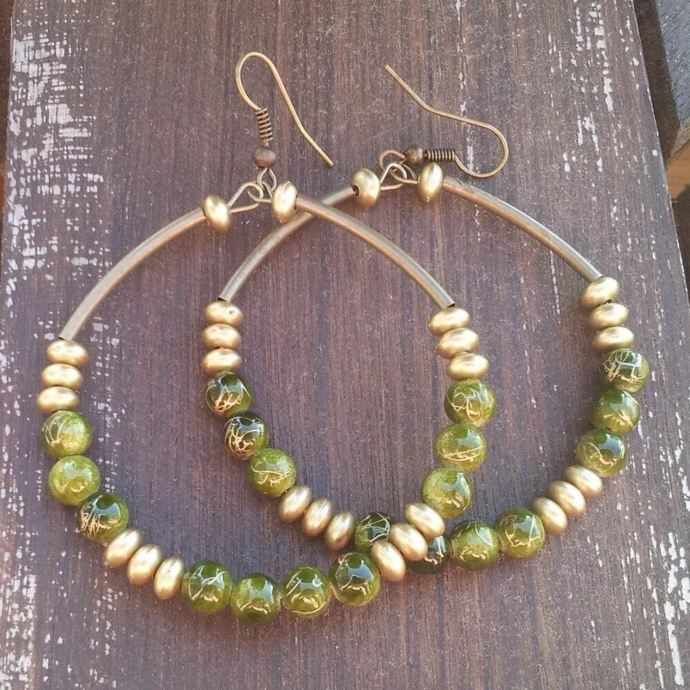 Vintage Retro Beads Big Hoop Earrings Bronze Green Gold
